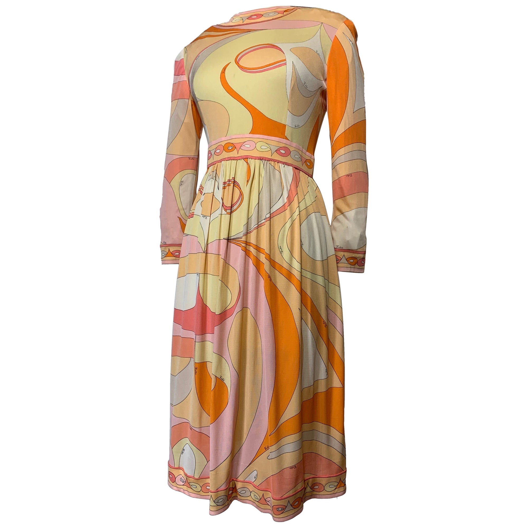 1960er Emilio Pucci Psychedelic Print Mod Day Dress w Full Skirt in Tangerine  im Angebot