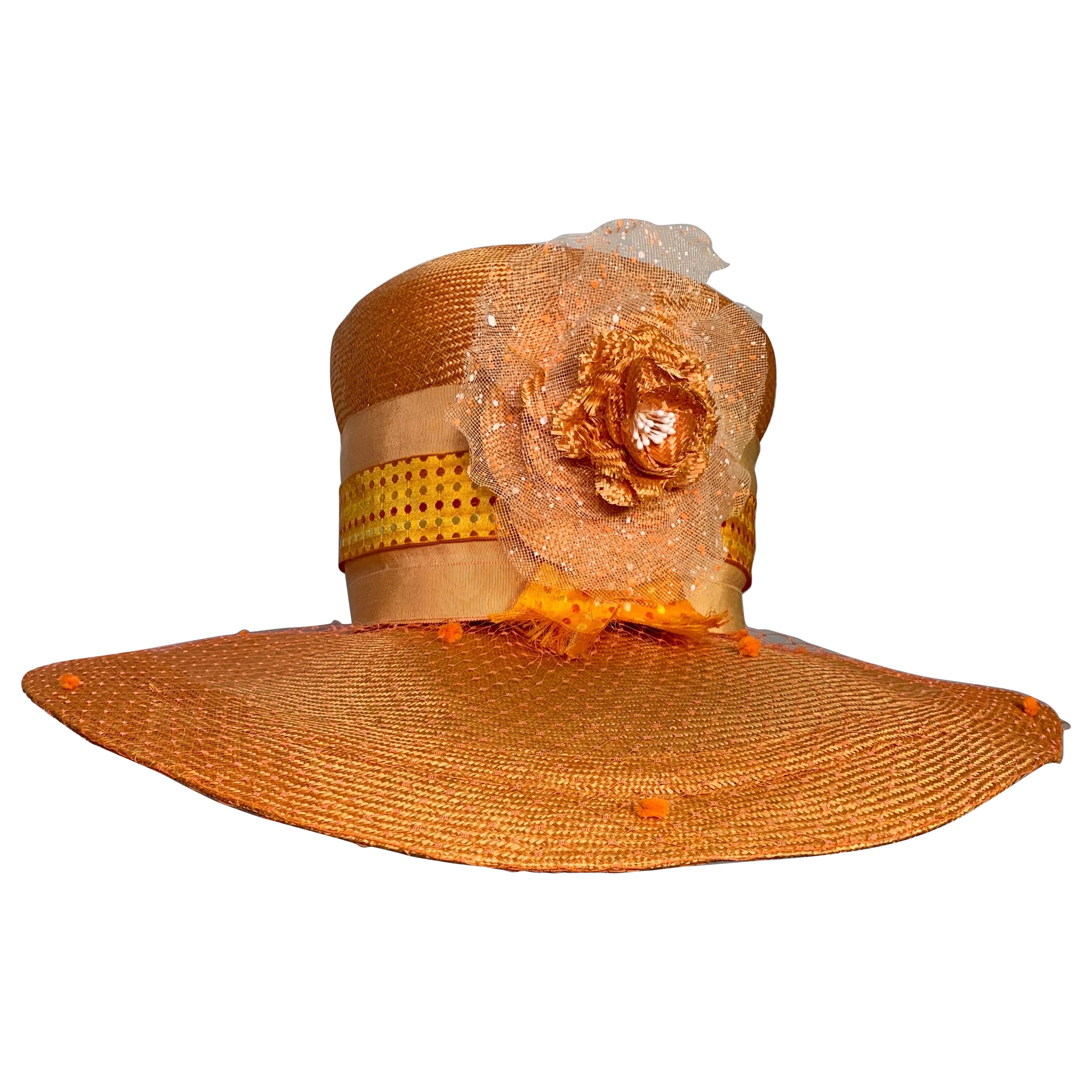 Custom Made Tangerine Straw Wide Brim Hat w Flower Embellishment and Veiled Brim For Sale