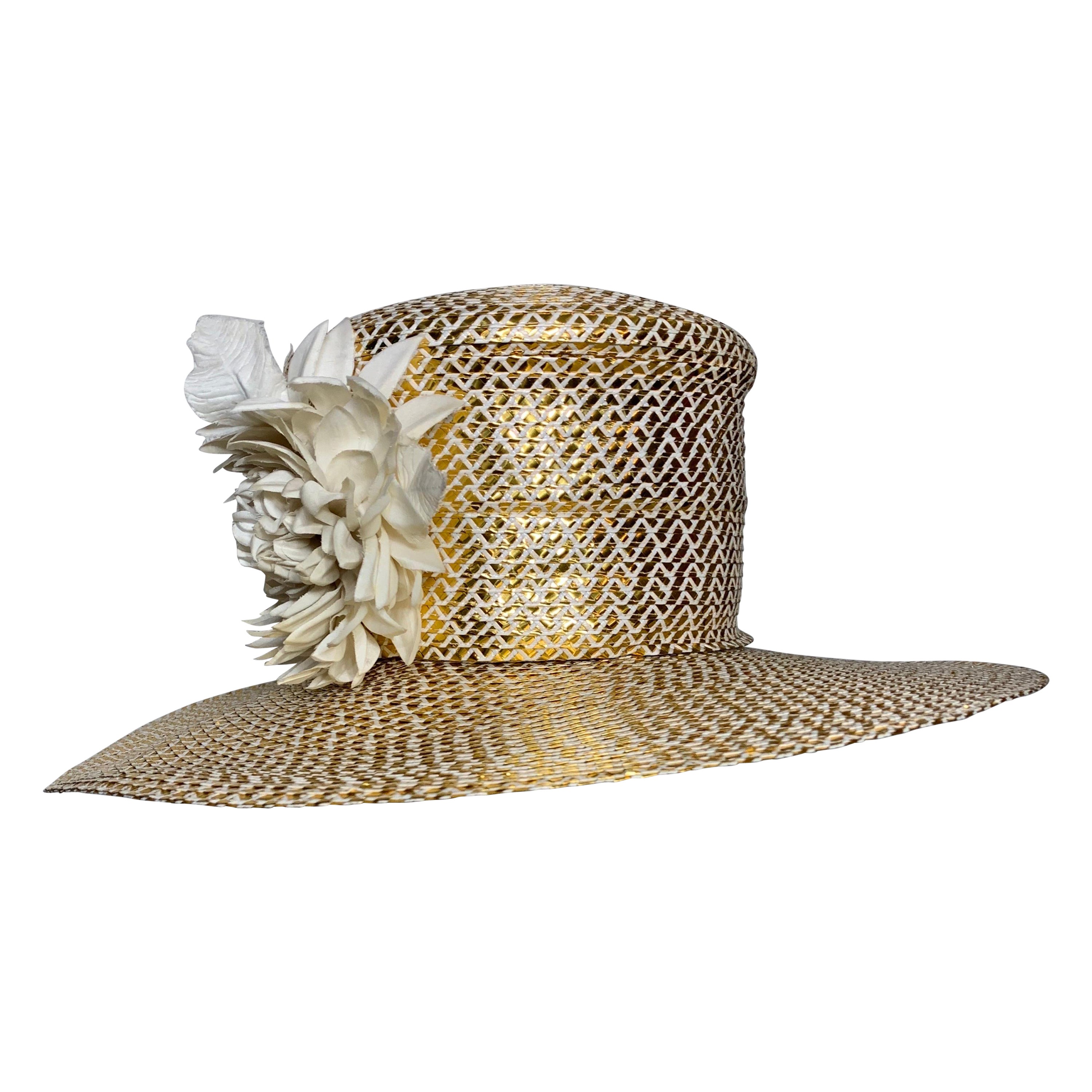 Custom Made Spring/Summer Gold & White Straw Medium Brim Tall Hat w Silk Florals For Sale