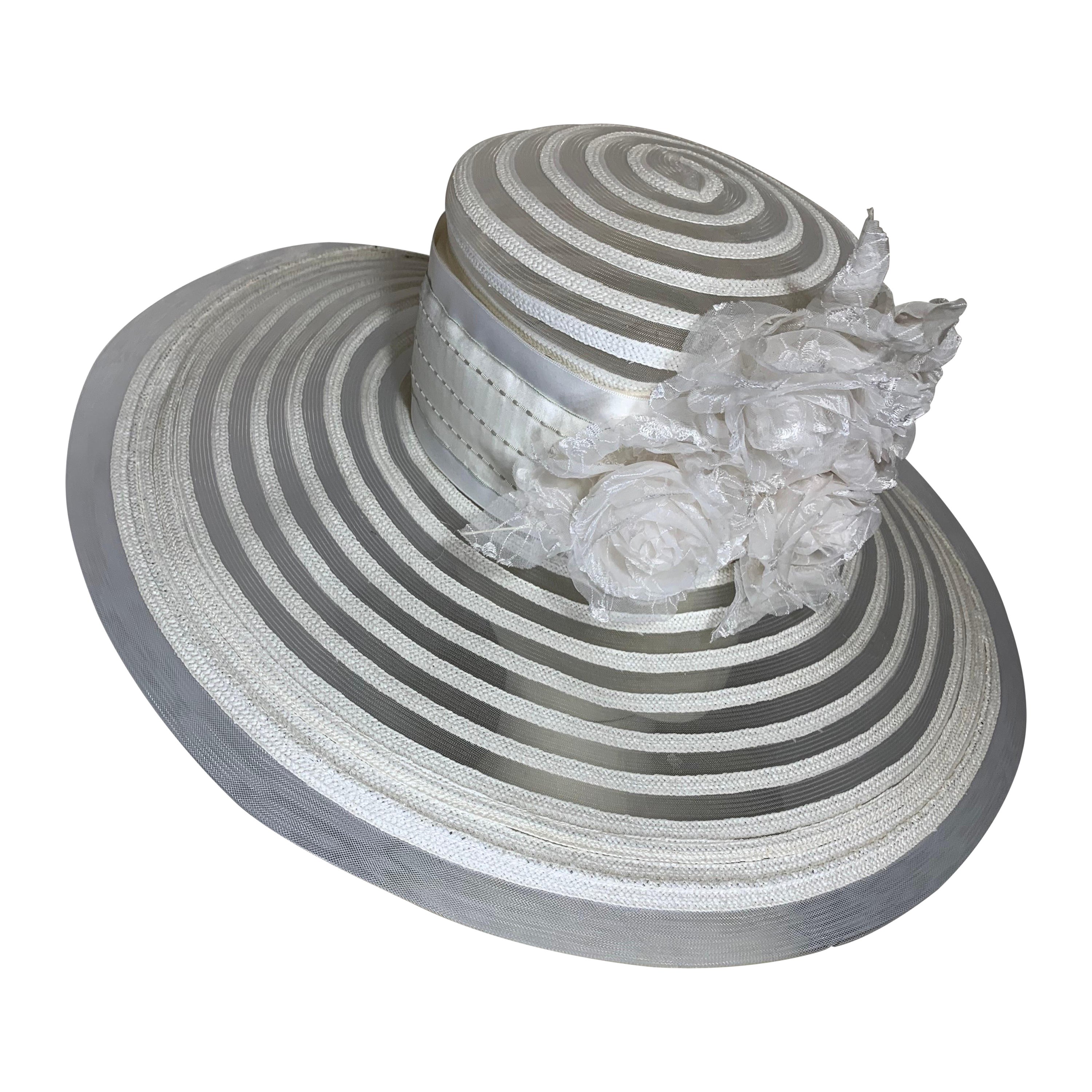 Maison Michel Spring/Summer Sheer White Striped Straw Wide Brim Hat w Florals  For Sale