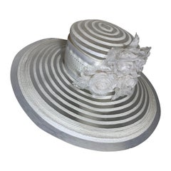 Vintage Maison Michel Spring/Summer Sheer White Striped Straw Wide Brim Hat w Florals 