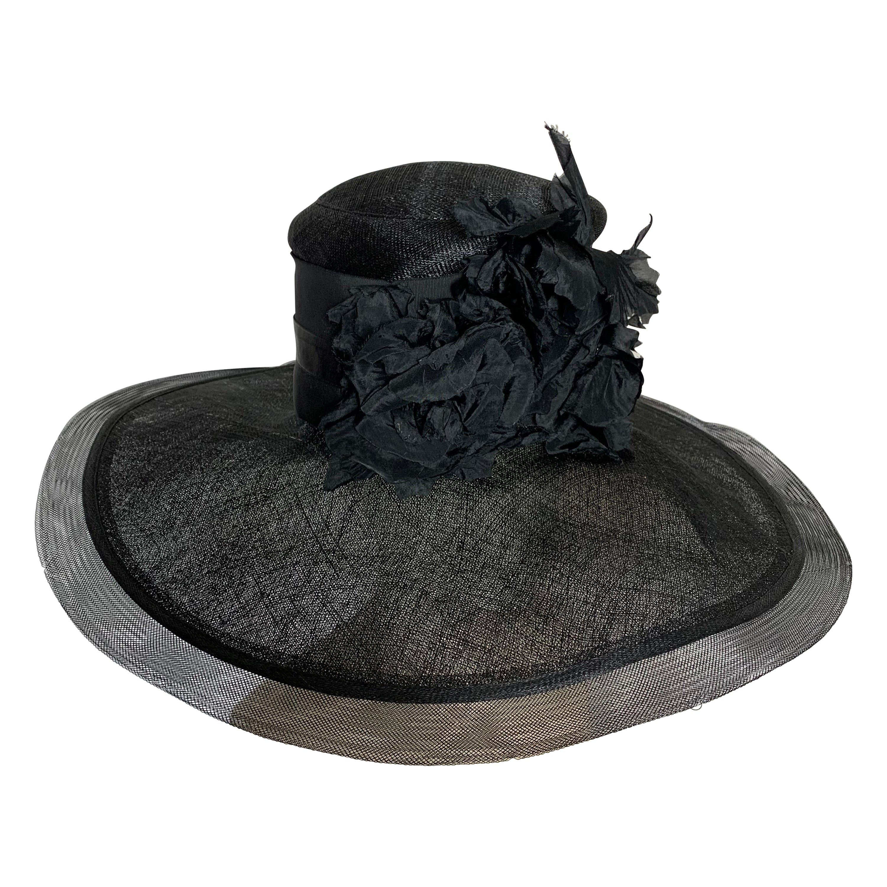 Maison Michel Spring/Summer Black Straw Wide Brim Hat w Horsehair Edge & Florals For Sale