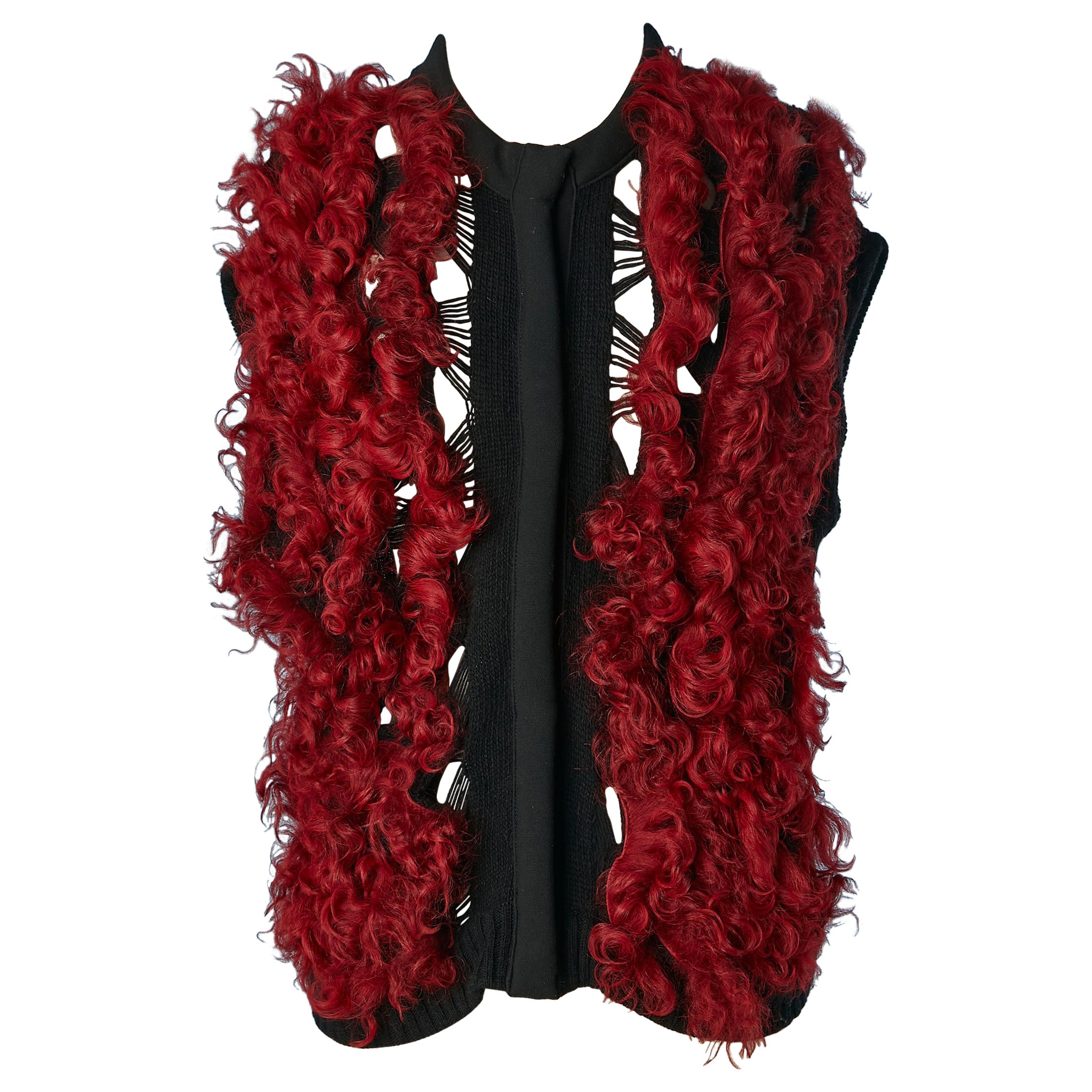 Black knit sleeveless vest with red curly furs appliqué Paolo Errico 