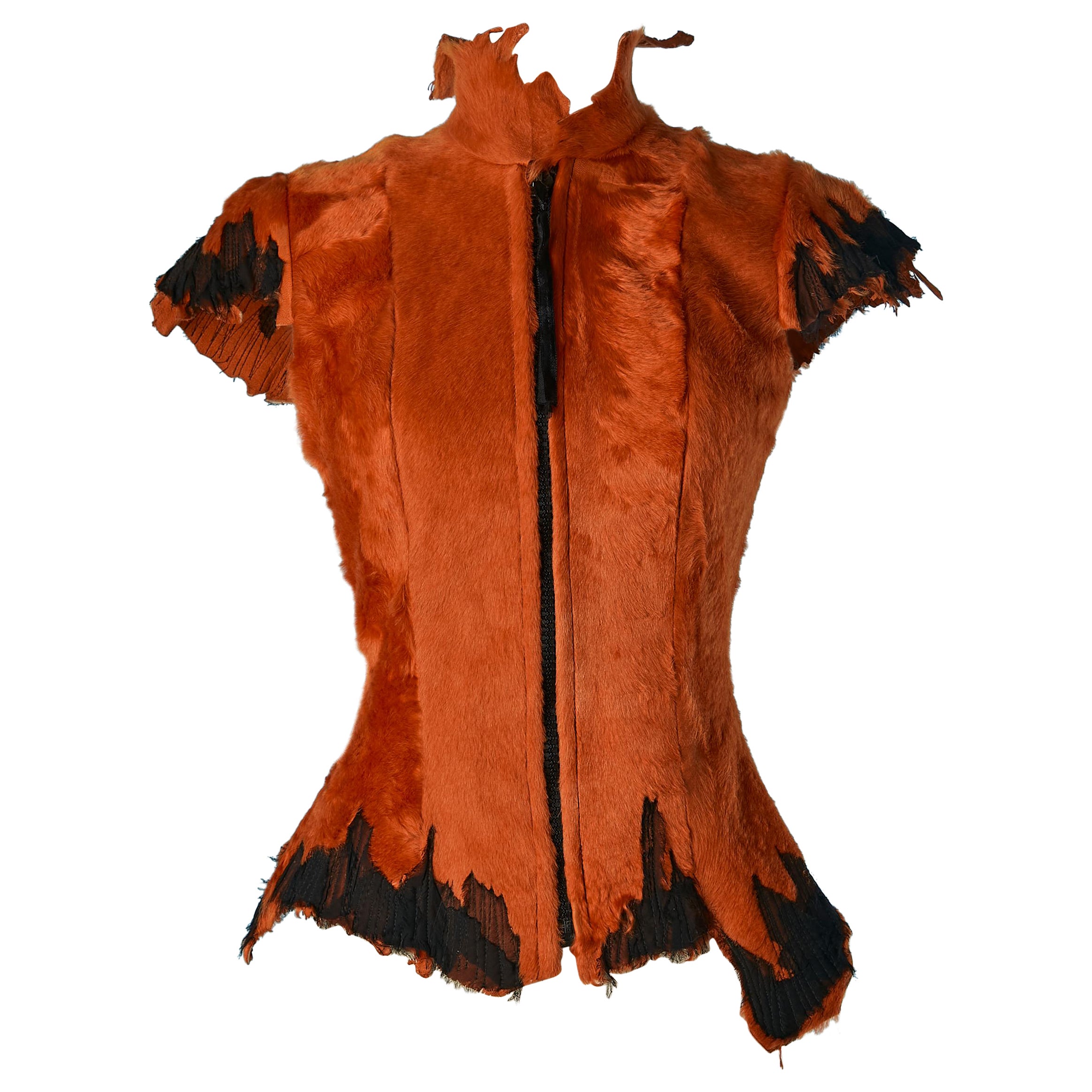 Orange furs vest with zip closure and topstitched on edge Oscar Carvallo  For Sale