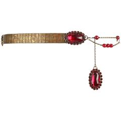 Vintage VICTORIAN REVIVAL c.1930's Bronze Mesh Floral Link Faceted Ruby Red Jeweled Belt