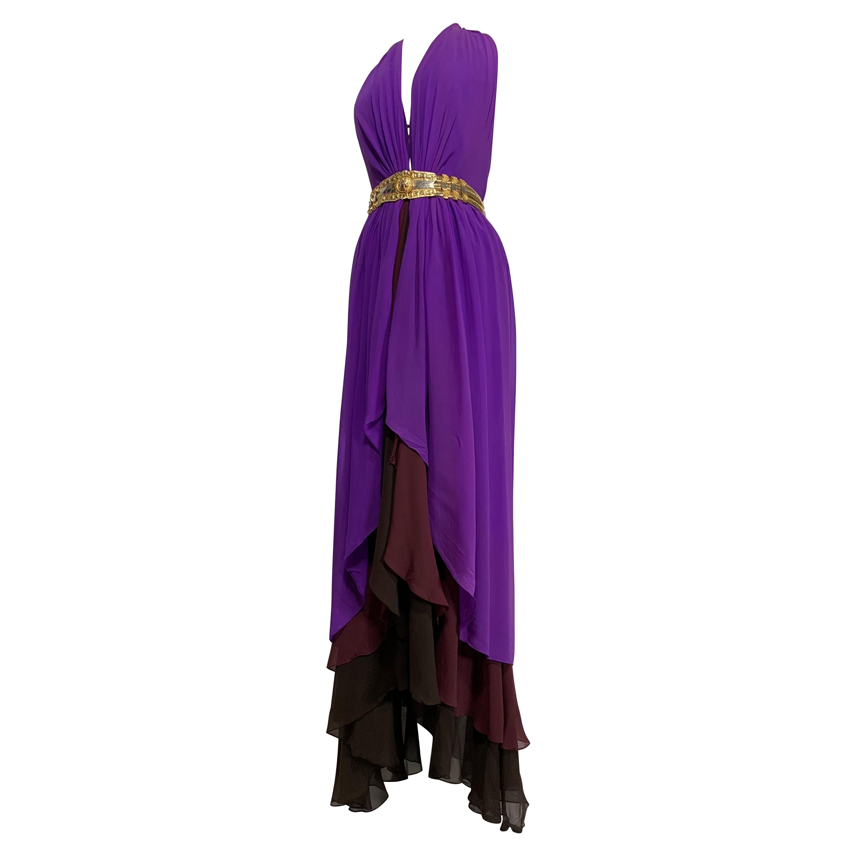 1970s Bill Blass Color-Blocked Purple Silk Chiffon Goddess Gown w Tiered Hem For Sale