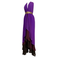 1970s Bill Blass Color-Blocked Purple Silk Chiffon Goddess Gown w Tiered Hem