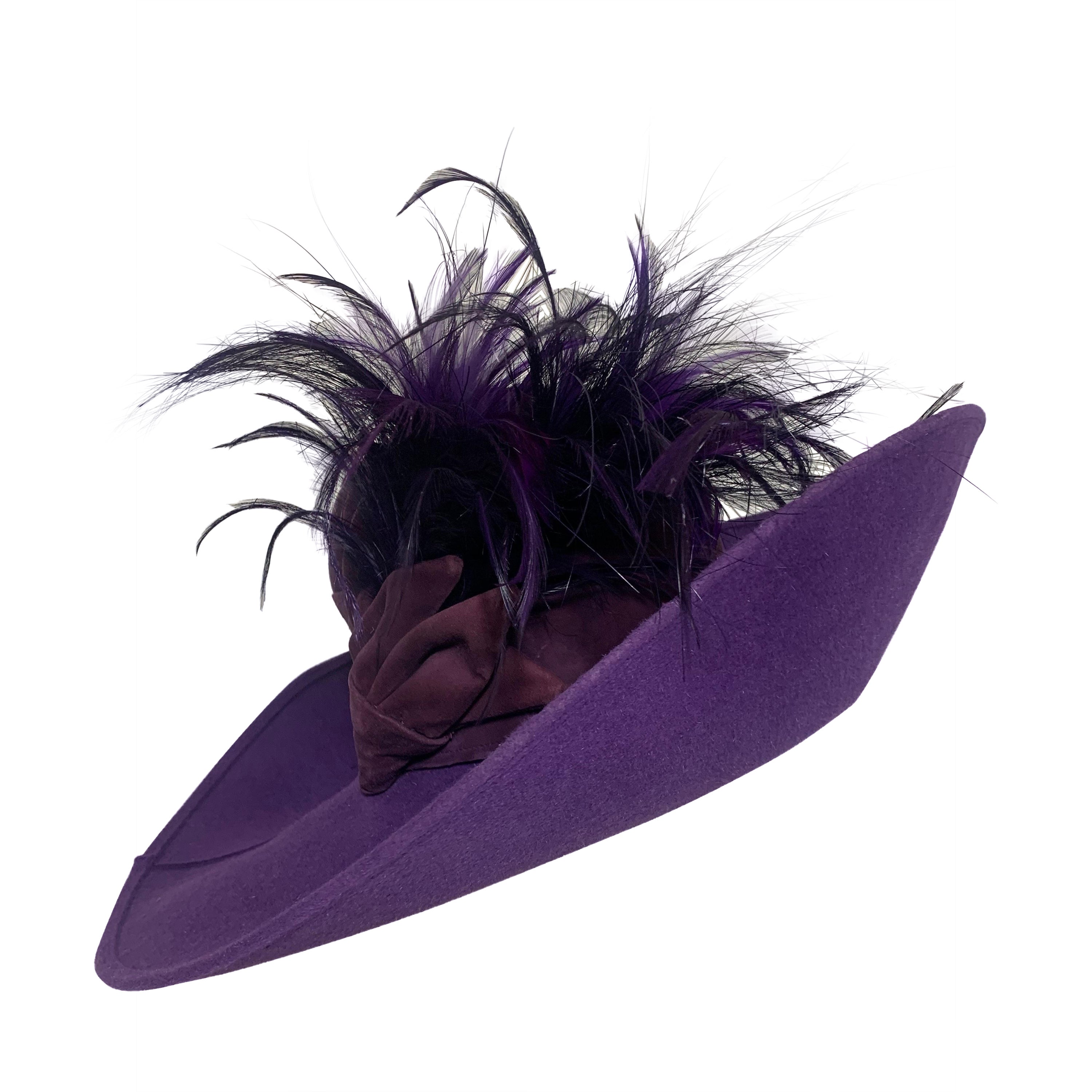 Maison Michel Autumn/Winter Purple Felt Wide Brim Hat w Suede Crown & Feathers For Sale