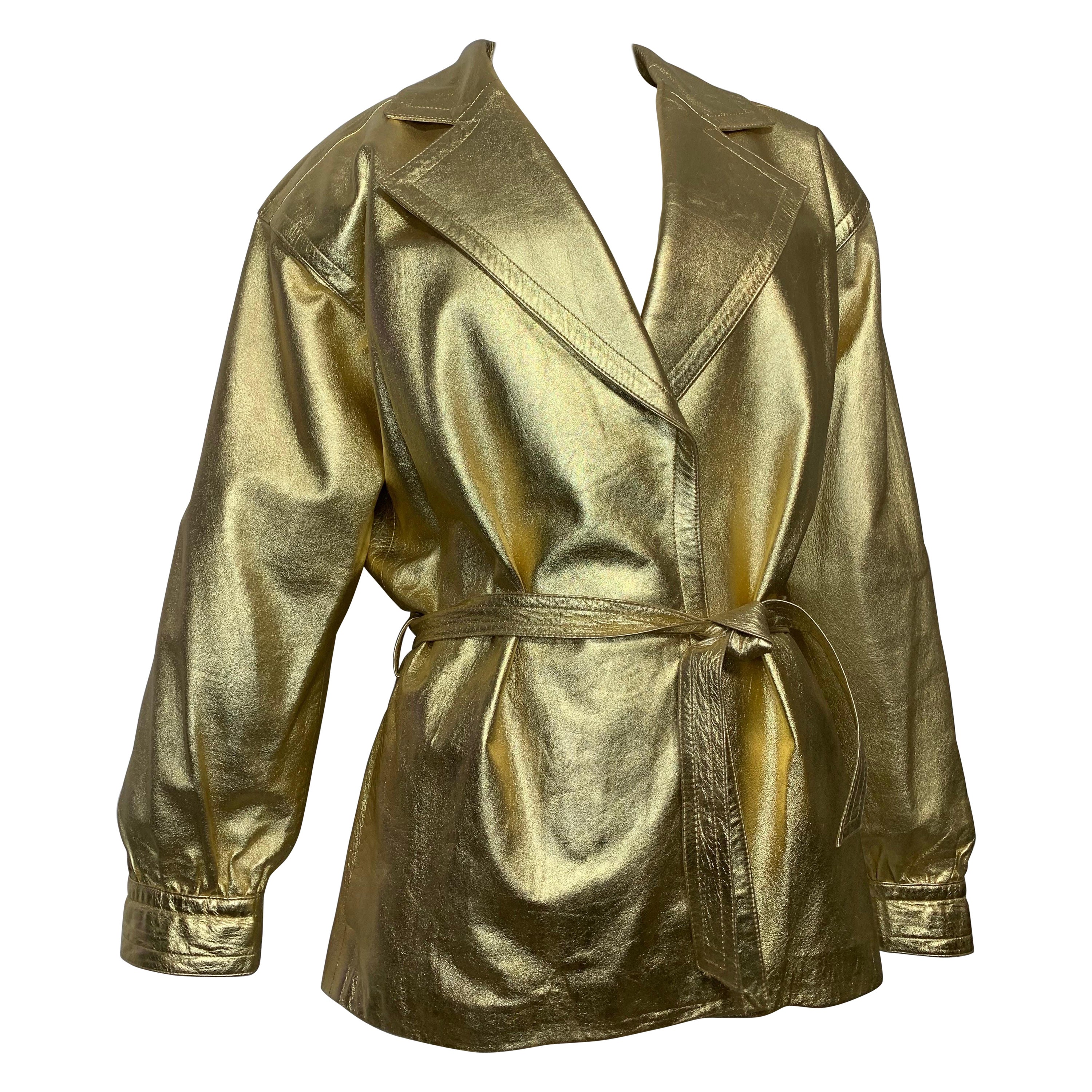 1980s Saint Laurent Gold Leather Hip-Length Trench Coat w Matching Belt Tie For Sale