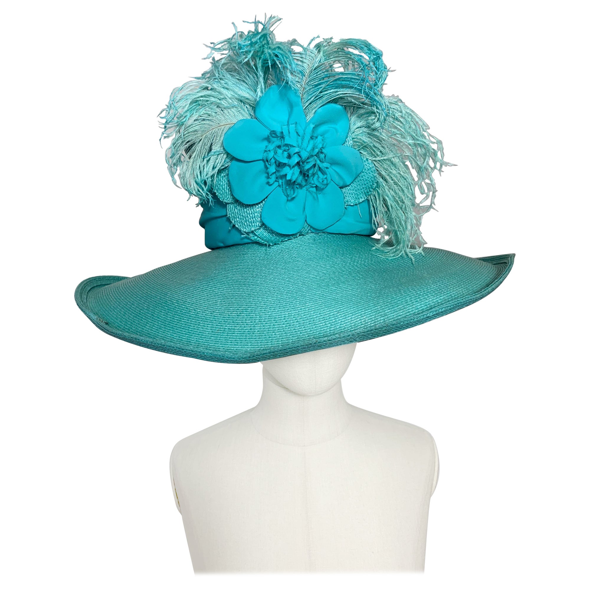 2005 Maison Michel Aqua Straw Wide Brim Hat w Extravagant Feather & Floral Trim For Sale