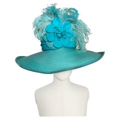 2005 Maison Michel Aqua Straw Wide Brim Hat w Extravagant Feather & Floral Trim