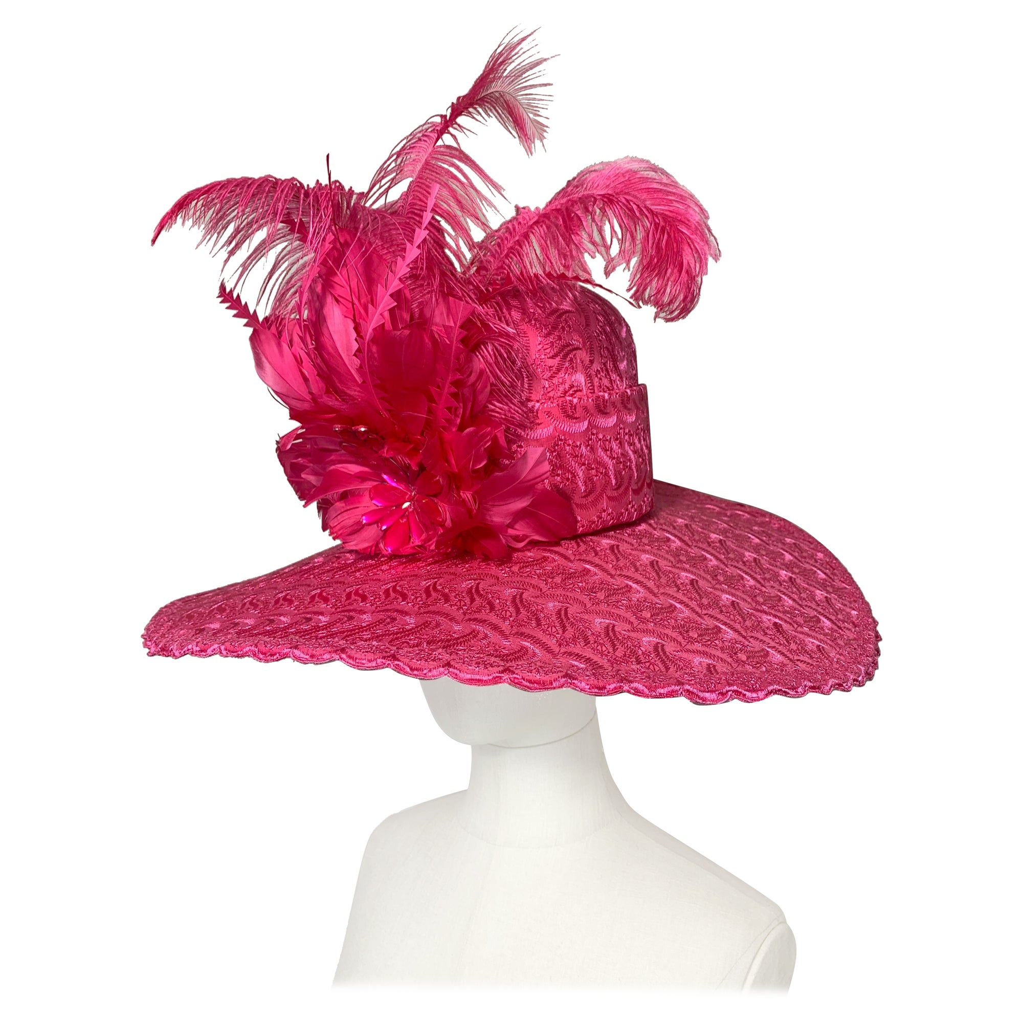 Custom-Made Brilliant Pink Embroidered Cotton Eyelet Wide-Brimmed Hat w Feathers For Sale