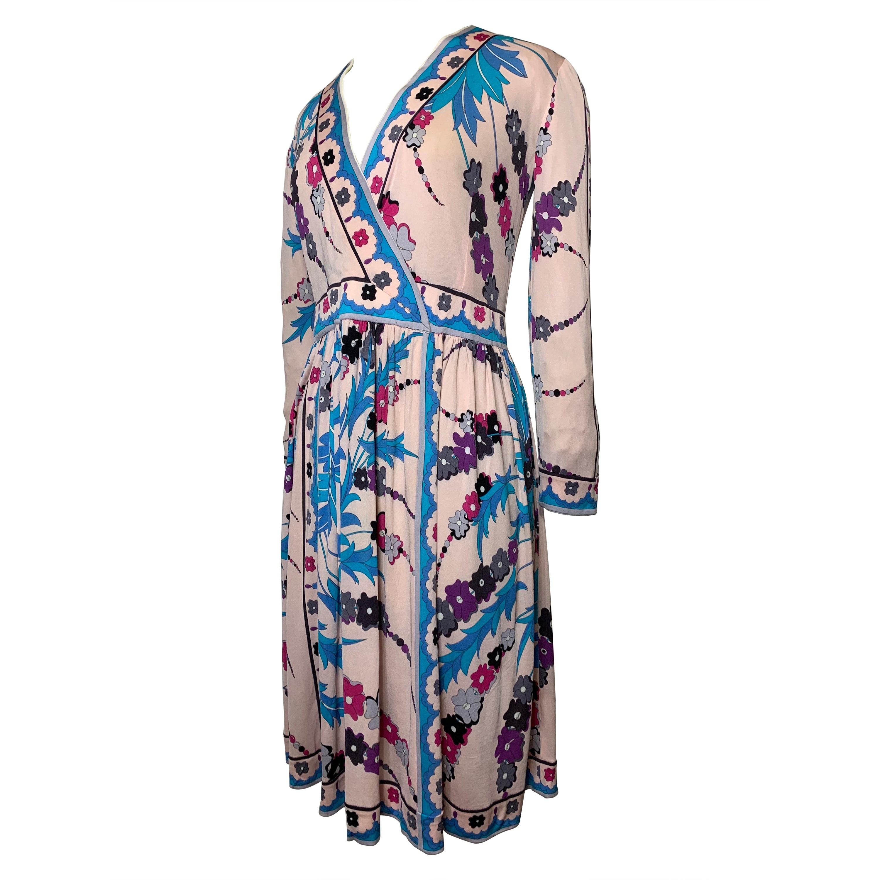 1970s Emilio Pucci Silk Jersey Floral Print Wrap Dress w Full Skirt & Band Trim For Sale