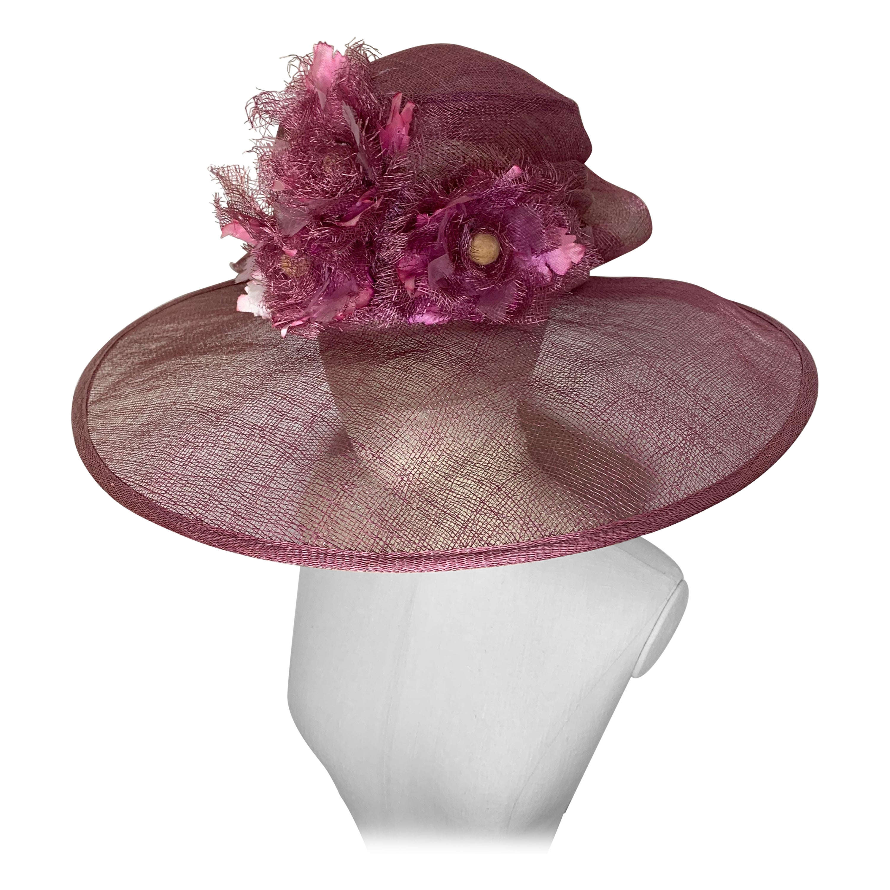 Maison Michel Spring/Summer Mauve Sheer Straw Cartwheel Wide Brim Hat w Flowers For Sale
