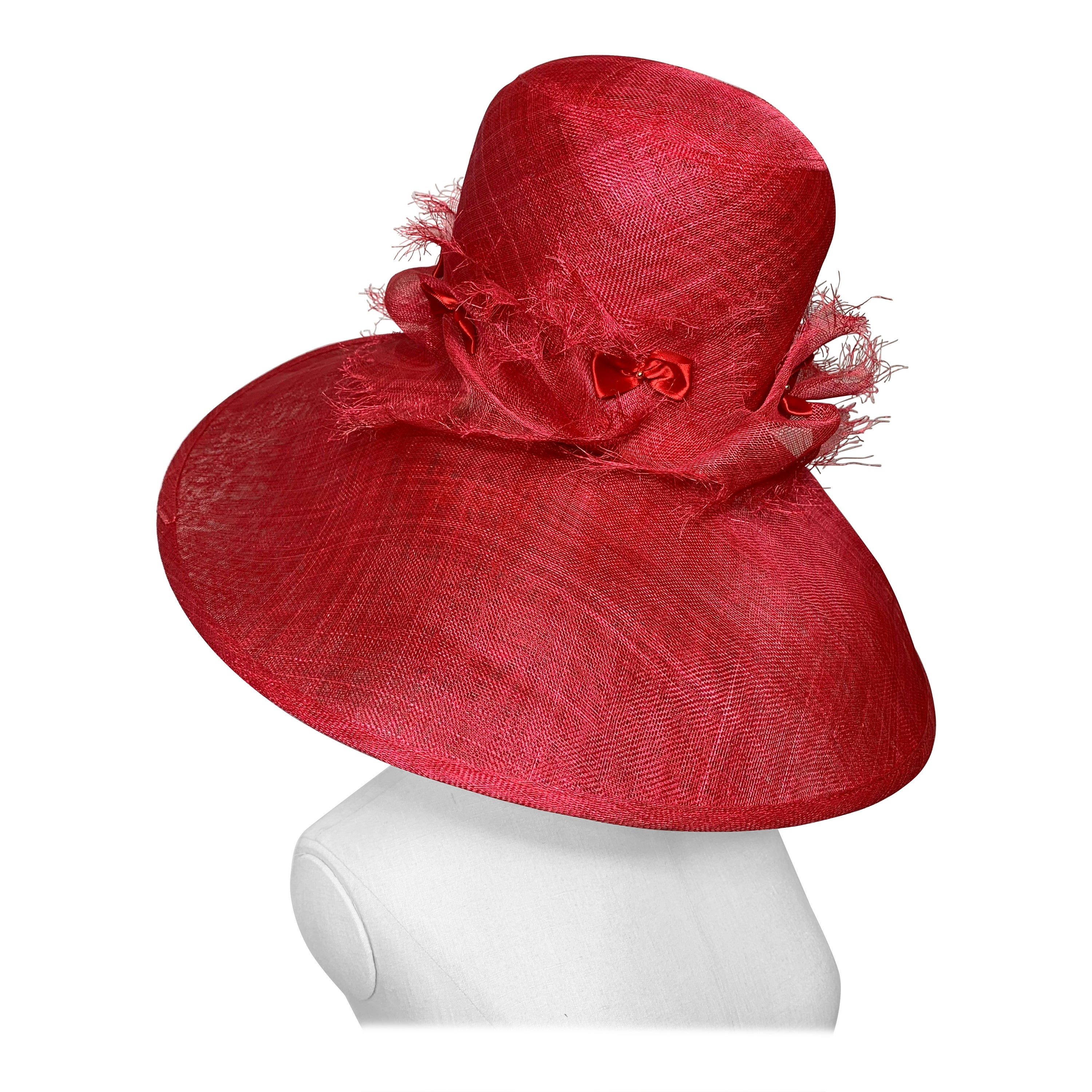 Maison Michel Cardinal Red Sheer Straw Wide Brim Tall Crown Hat w Satin Bows For Sale