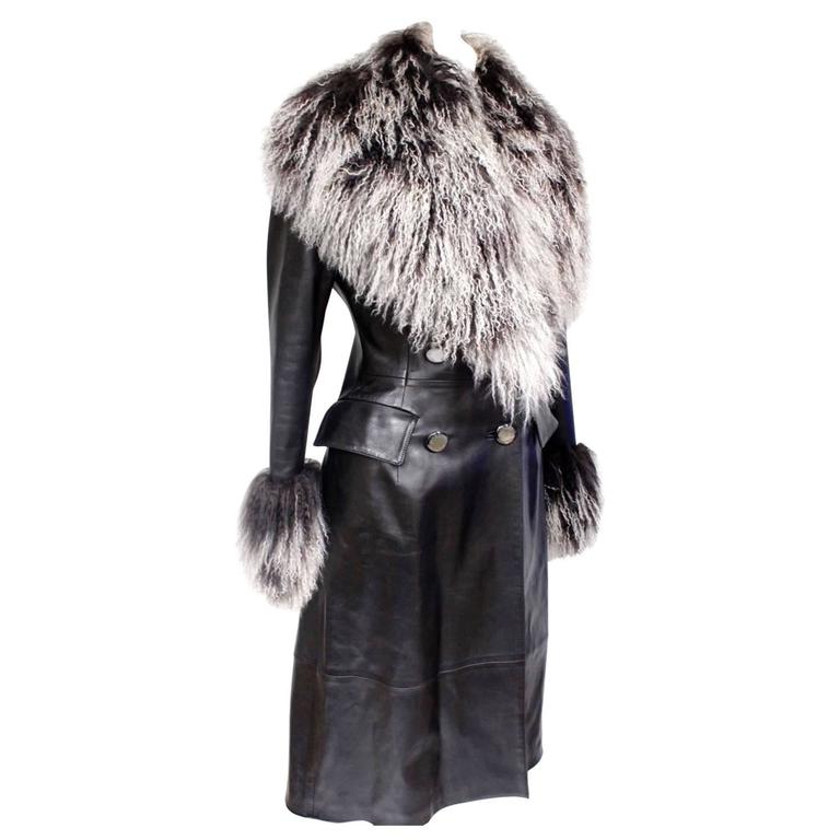 Jitrois Black Leather Mongolian Fur Trim Coat F 38 uk 10 at 1stDibs
