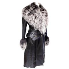 Vintage Jitrois Black Leather Mongolian Fur Trim Coat F 38 uk 10