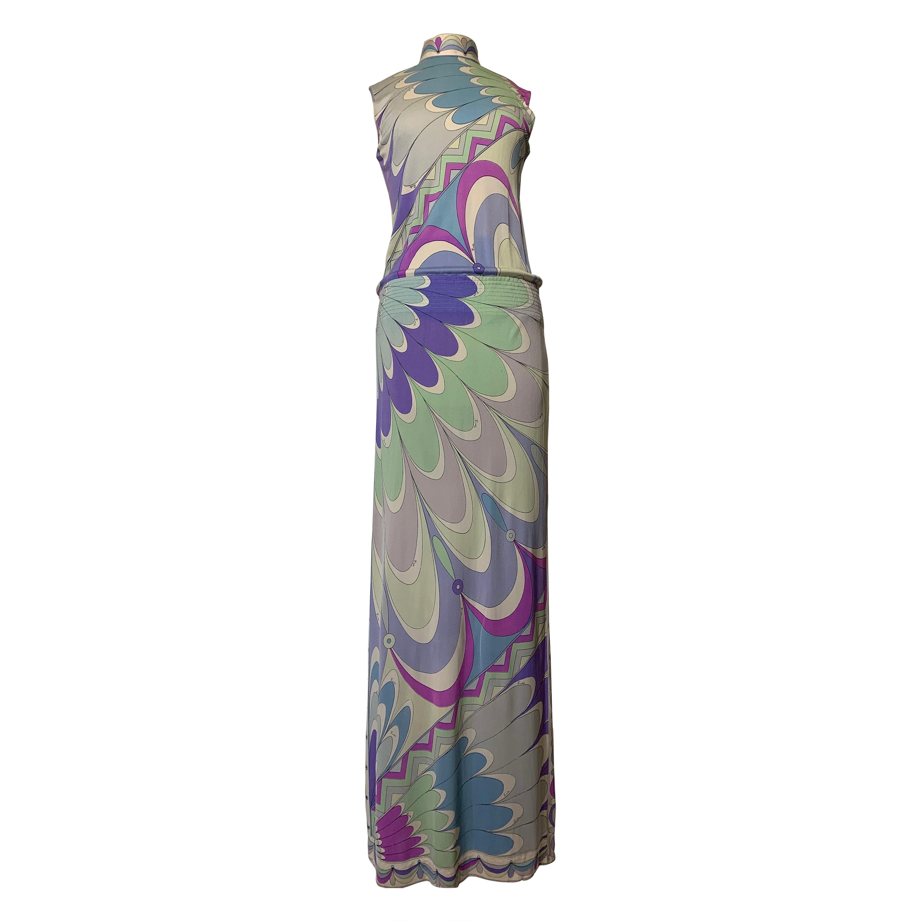 1960s Emilio Pucci Silk Jersey Pastel Print Maxi Dress w Fitted Hip & Blouson  For Sale