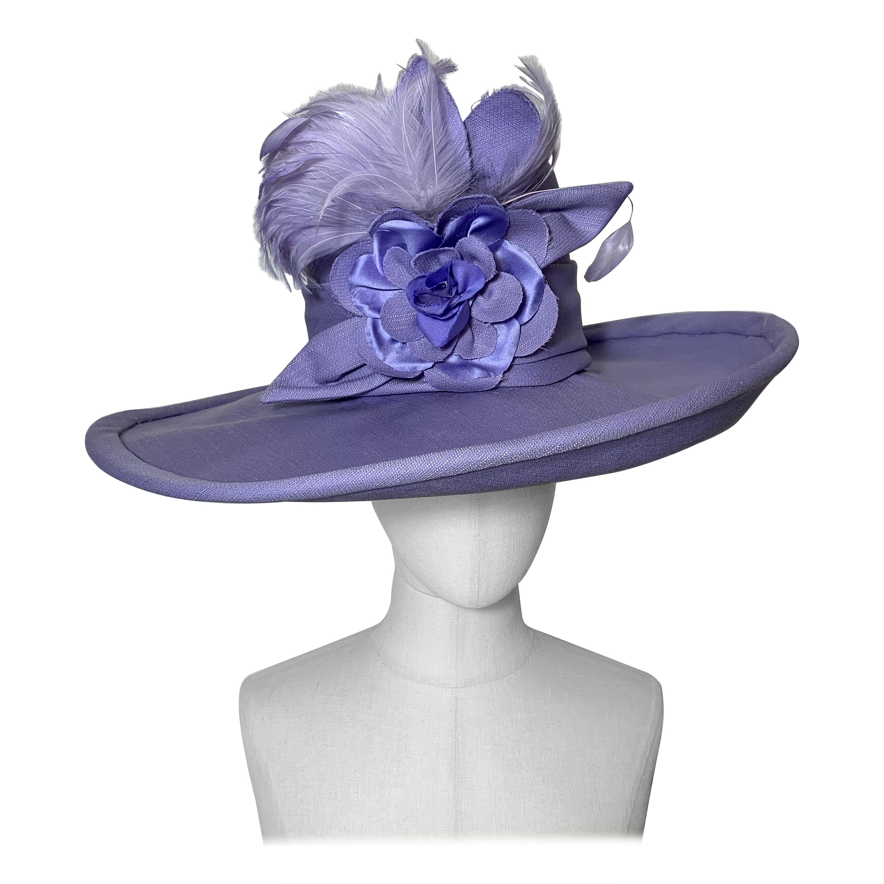 2010 Maison Michel Lavender Linen Wide Brim Hat w Feather & Floral Bouquet  For Sale