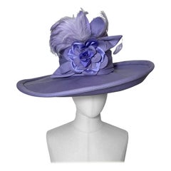 Vintage 2010 Maison Michel Lavender Linen Wide Brim Hat w Feather & Floral Bouquet 