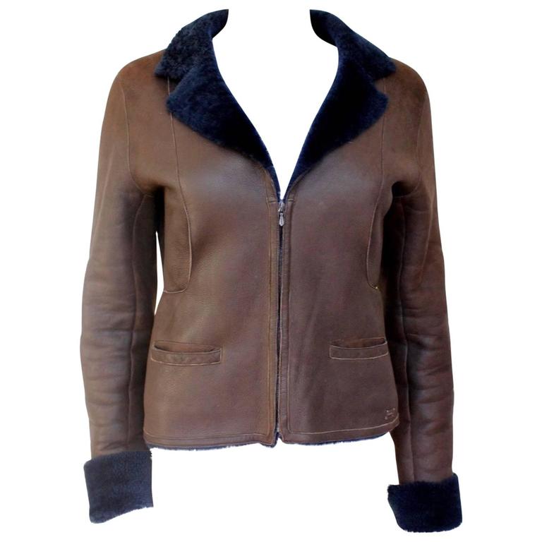 CHANEL 2004 Brown Leather Navy Shearling Lambskin Jacket F 38 UK 10 at ...