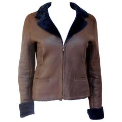 CHANEL 2004 Brown Leather Navy Shearling Lambskin Jacket F 38 UK 10