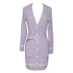 CHANEL Cardigan Sweater Knit Top Lavender White Long Sleeve Belt V-Neck 34 2022