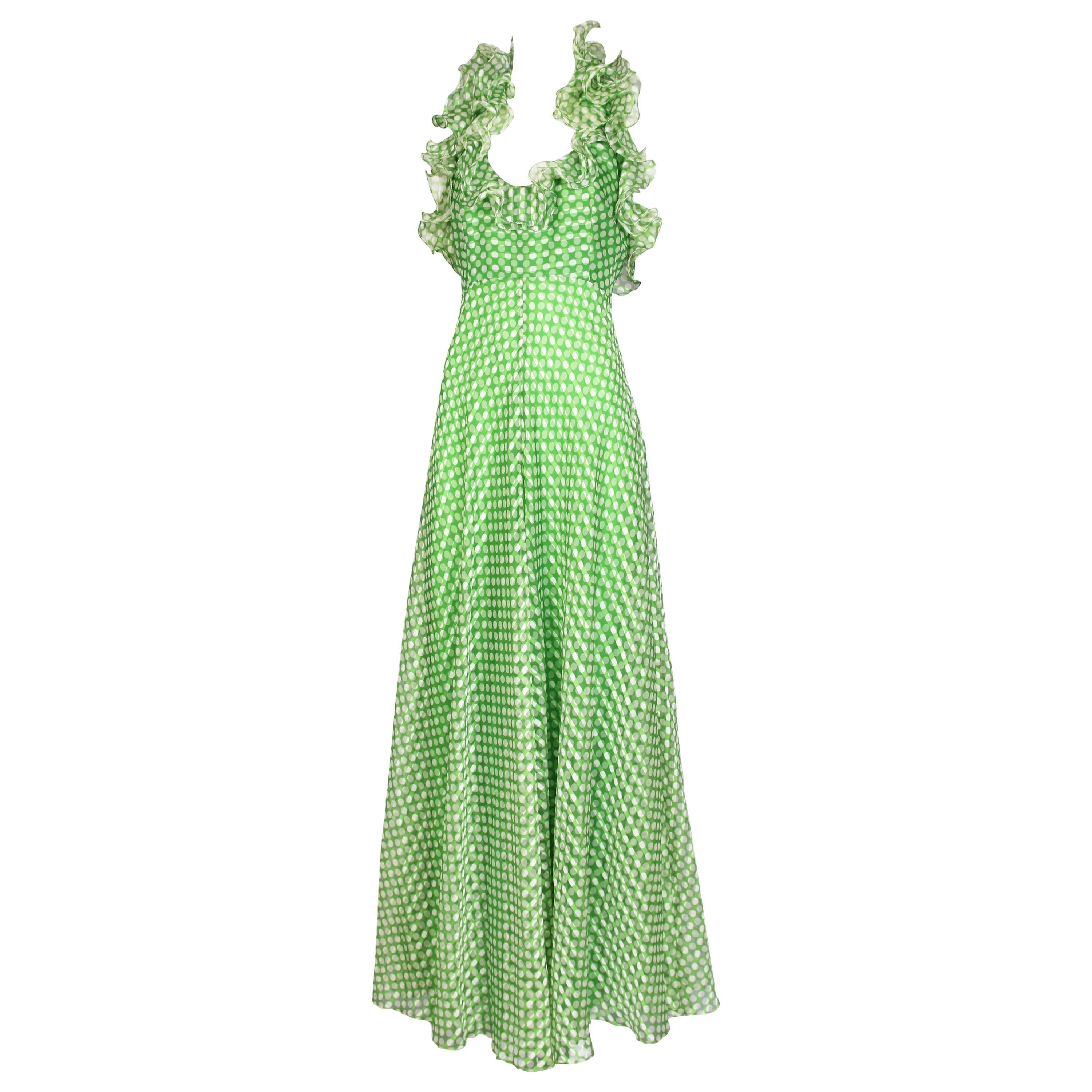1970's Geoffrey Beene Green Polka Dot Halter Neck Maxi Dress W/Ruffle Trim