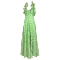 1970's Geoffrey Beene Green Polka Dot Halter Neck Maxi Dress W/Ruffle Trim 6