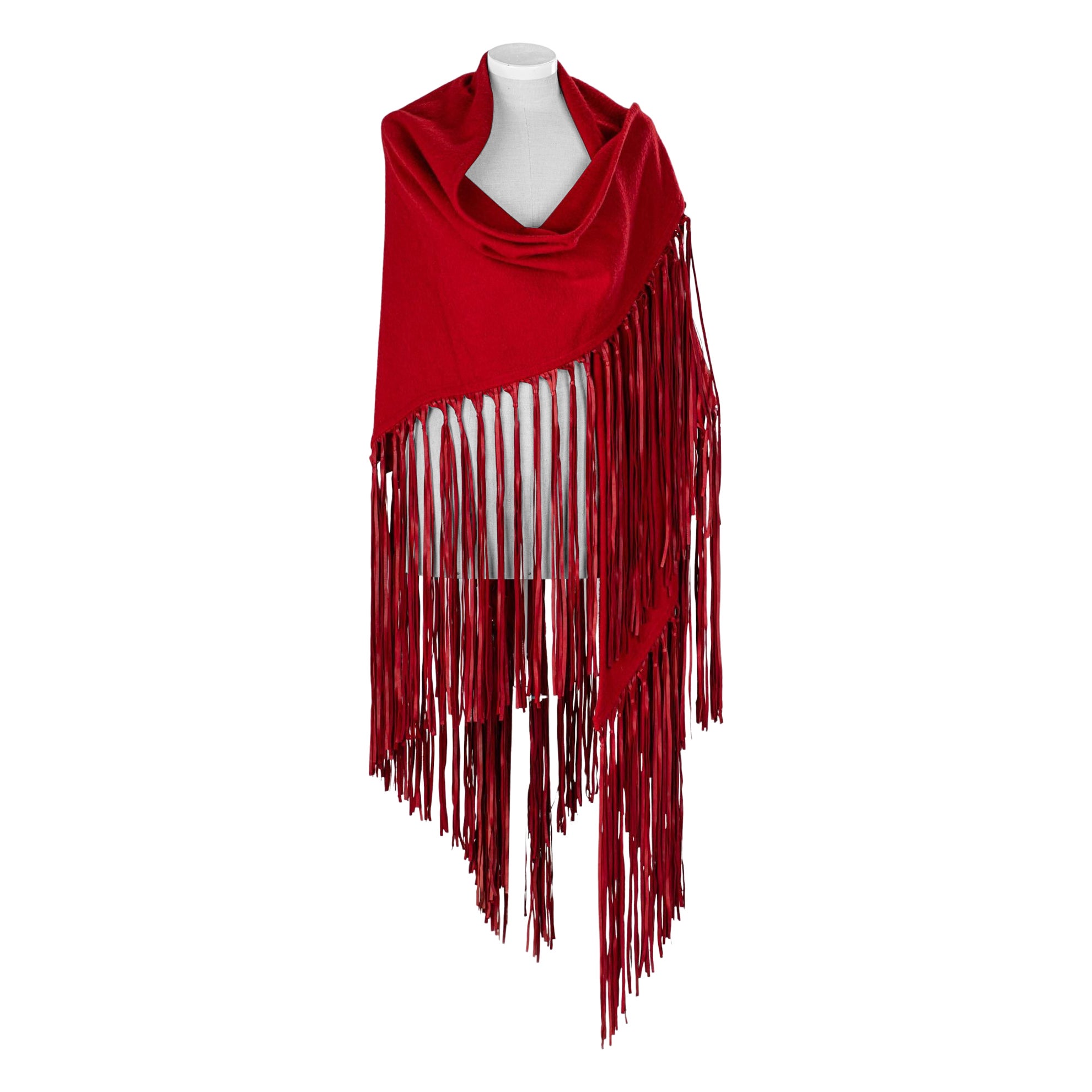 1990's Hermès Rot Vintage Kaschmir Wolle Leder Fransen Schal Schal im Angebot