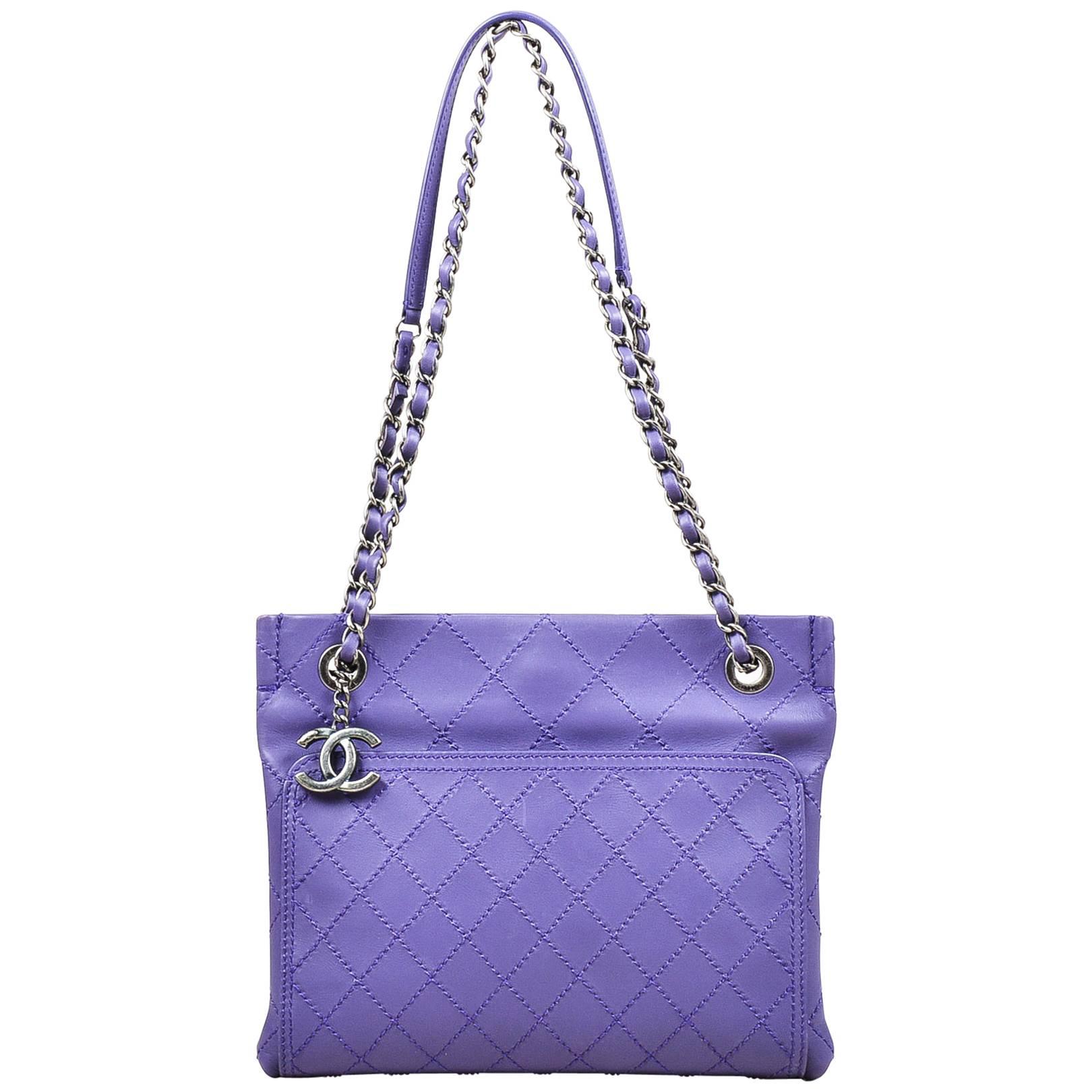 Chanel Purple Leather Wild Stitch Silver Tone Chain Small Shoulder Bag