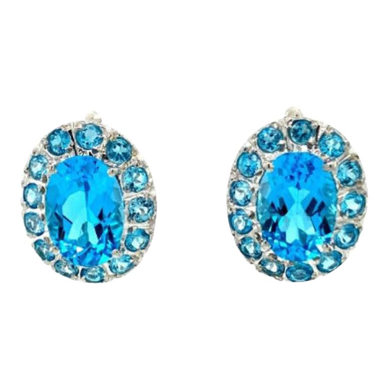 10.55 CTW Blue Topaz Halo Gemstone Stud Earrings in 925 Sterling Silver For Sale