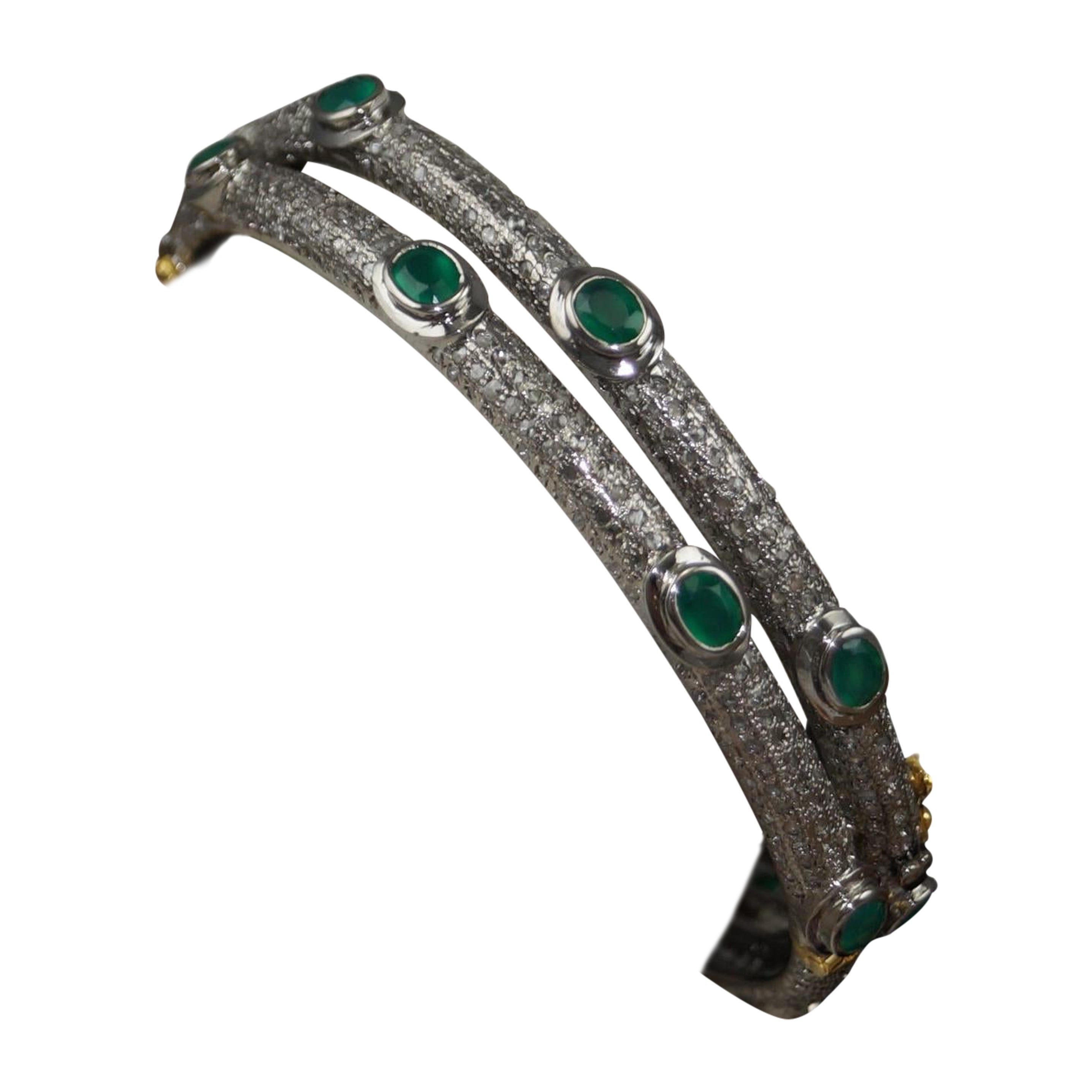 Pair of natural Diamond emerald sterling silver hinge bracelet oxidized silver For Sale