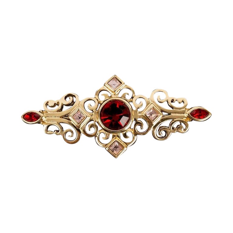 Yves Saint Laurent Gold Plated Metal and Rhinestone Brooch For Sale