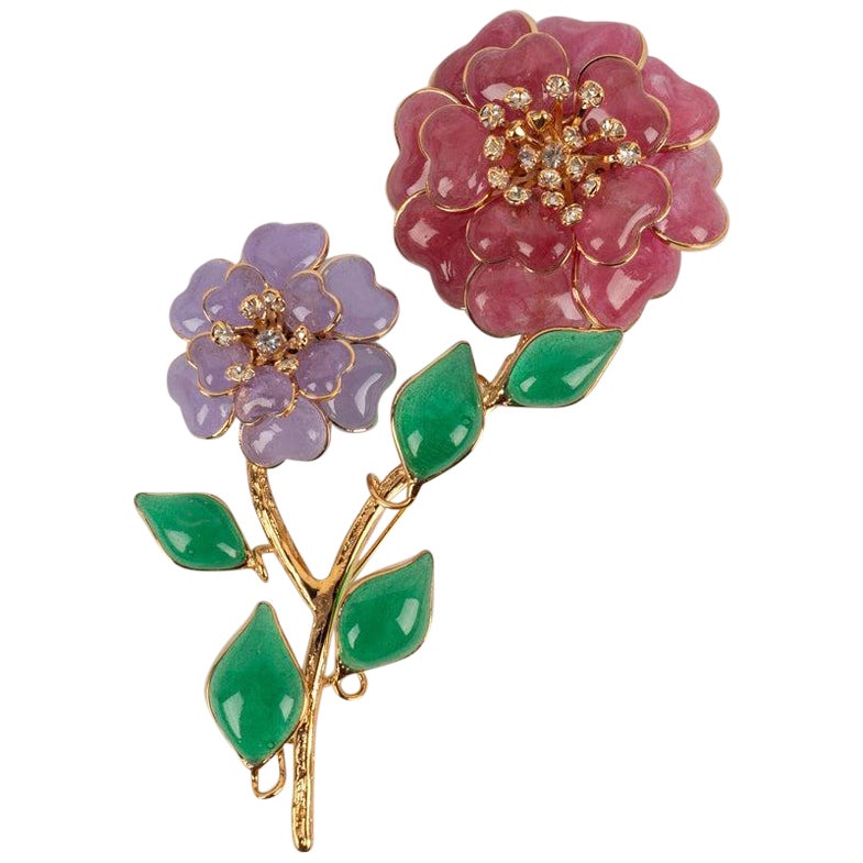 Augustine Flower Brooch with Glass Paste and Rhinestones For Sale