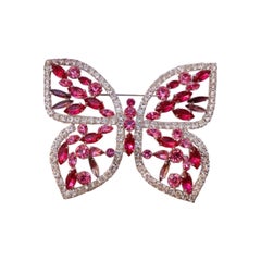 Butterfly Brooch in Pink and White Rhinestones