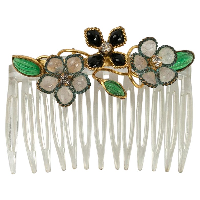 Glass Paste and Gilded Metal Jewel Comb For Sale