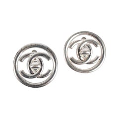 Vintage Chanel Silvery Metal Circular Turnlock Earrings, 1997