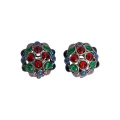 Vintage Clip-on Silvery Metal Earrings with Multicolor Glass Paste