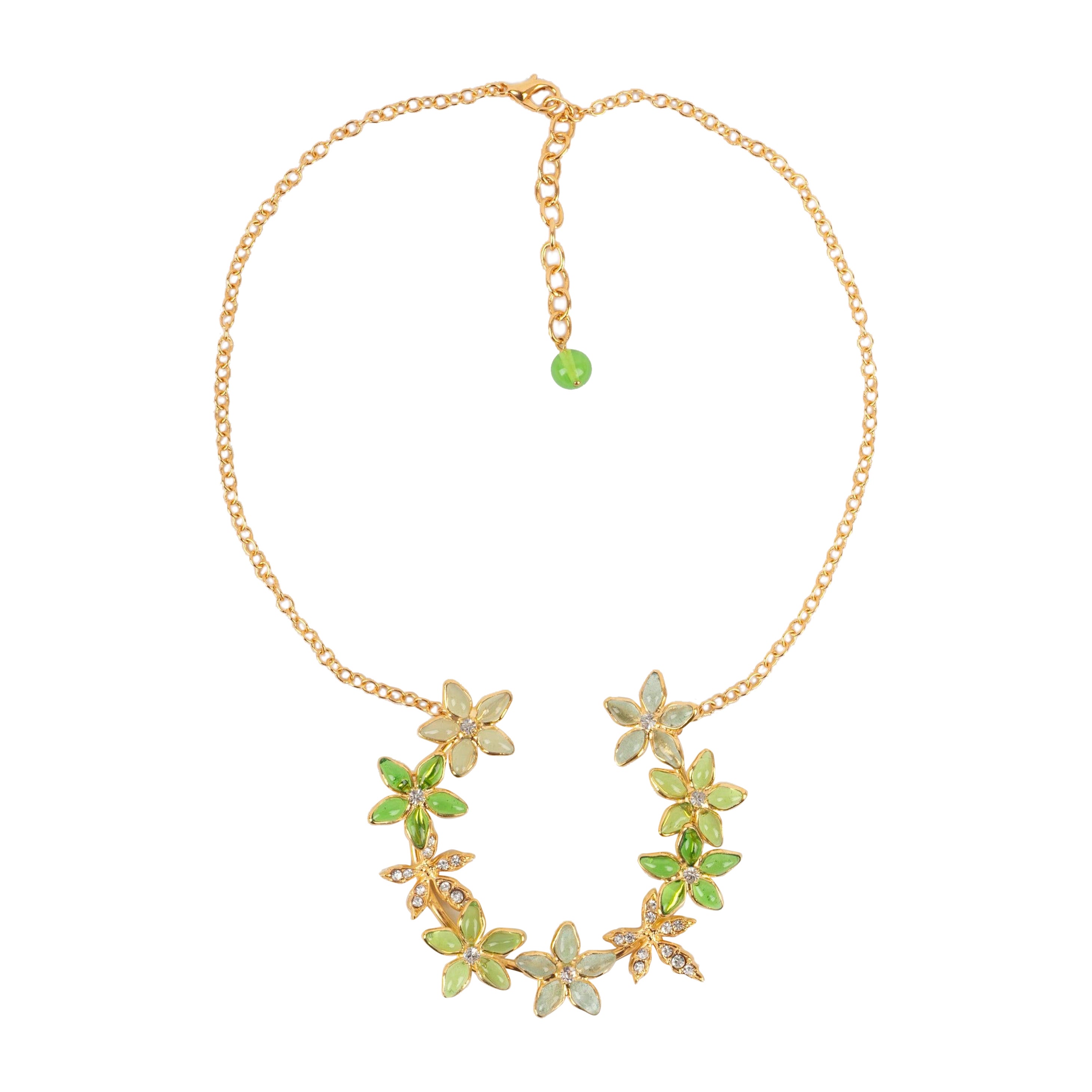 Augustine Golden Metal Necklace with Rhinestones and Glass Paste in Green Tones For Sale