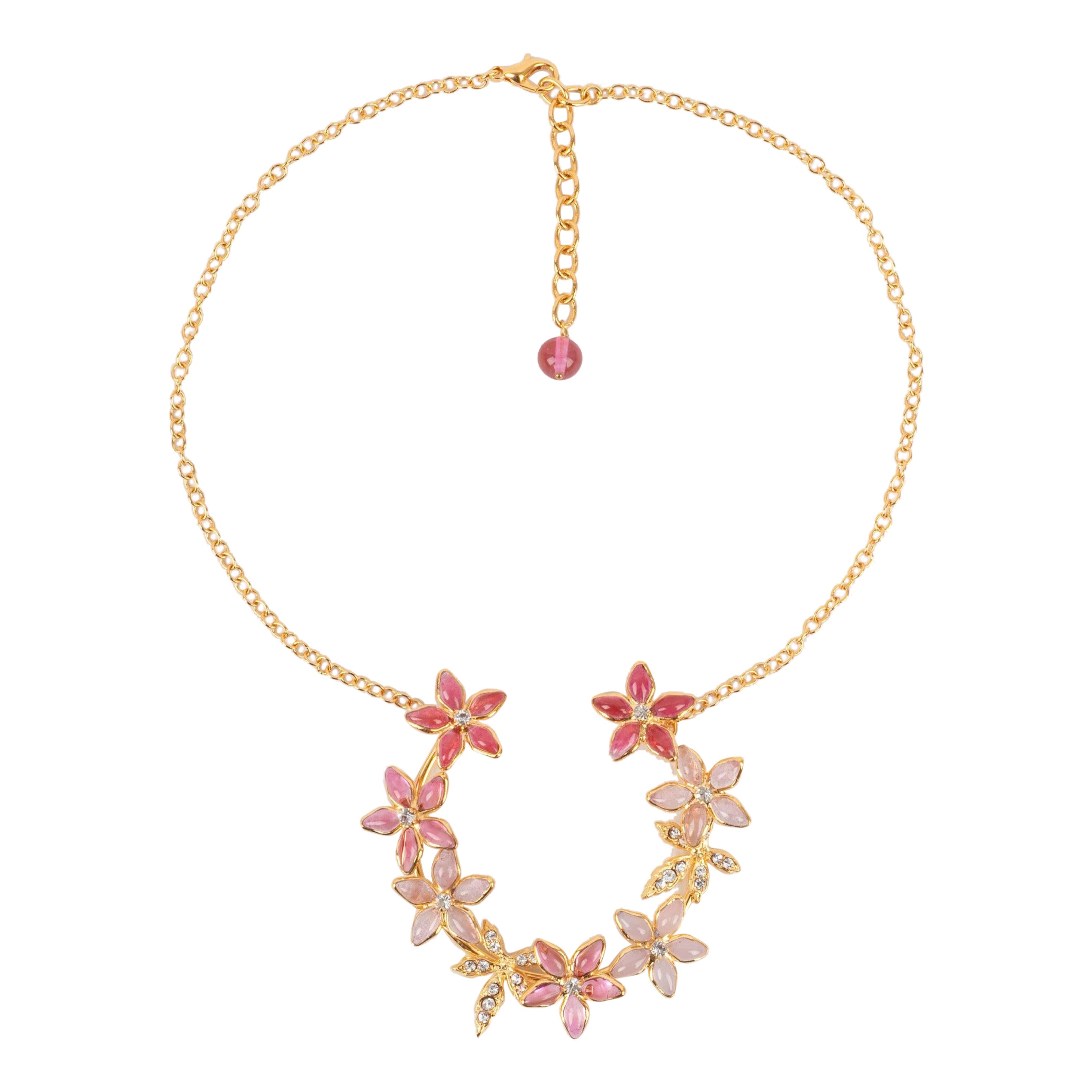 Augustine Golden Metal Necklace with Rhinestones and Glass Paste in Pink Tones For Sale