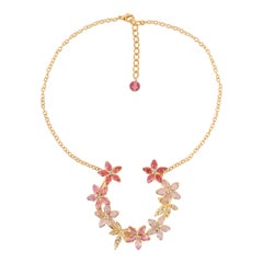 Augustine Golden Metal Necklace with Rhinestones and Glass Paste in Pink Tones