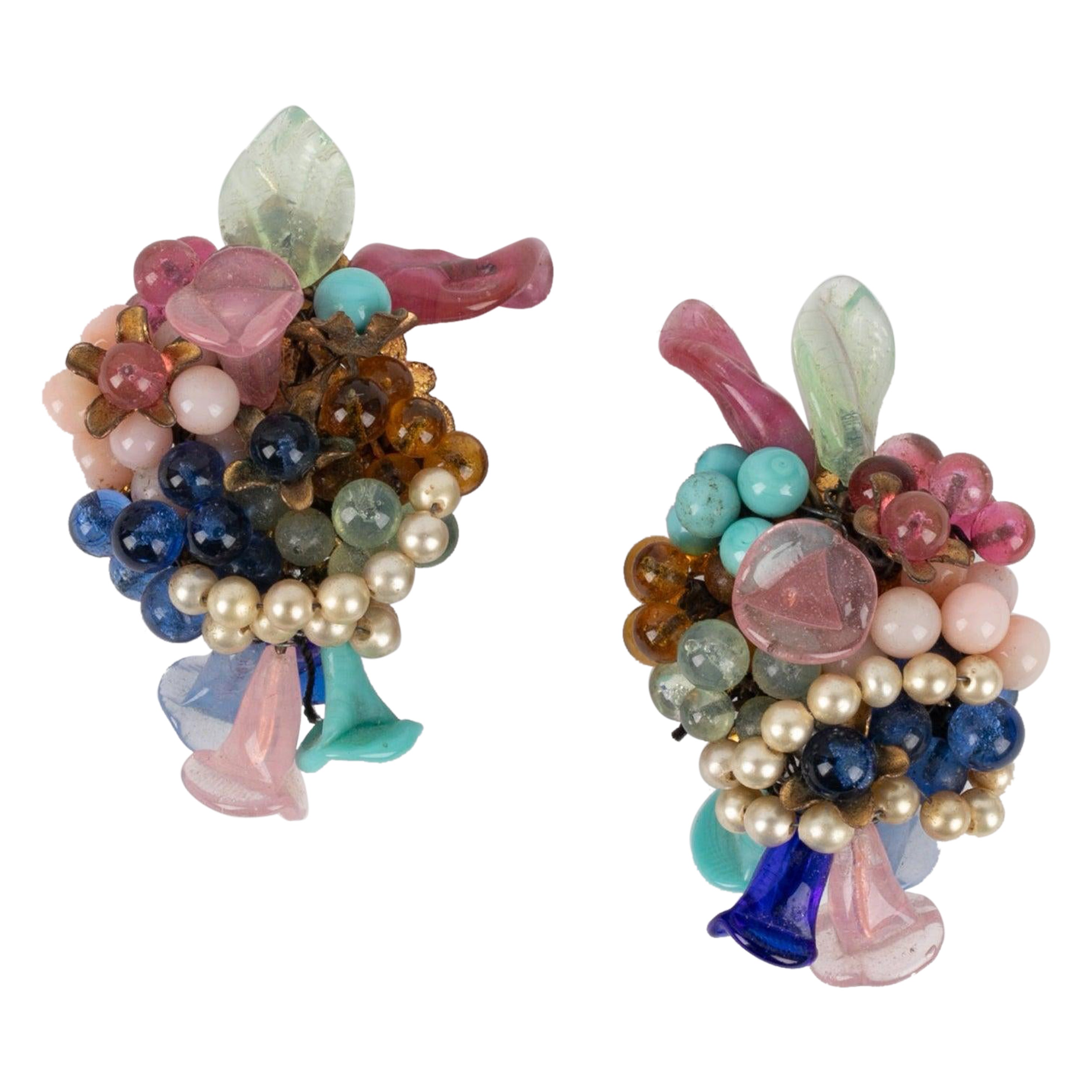 Maison Rousselet Golden Metal Earrings with Multicolored Glass Paste For Sale