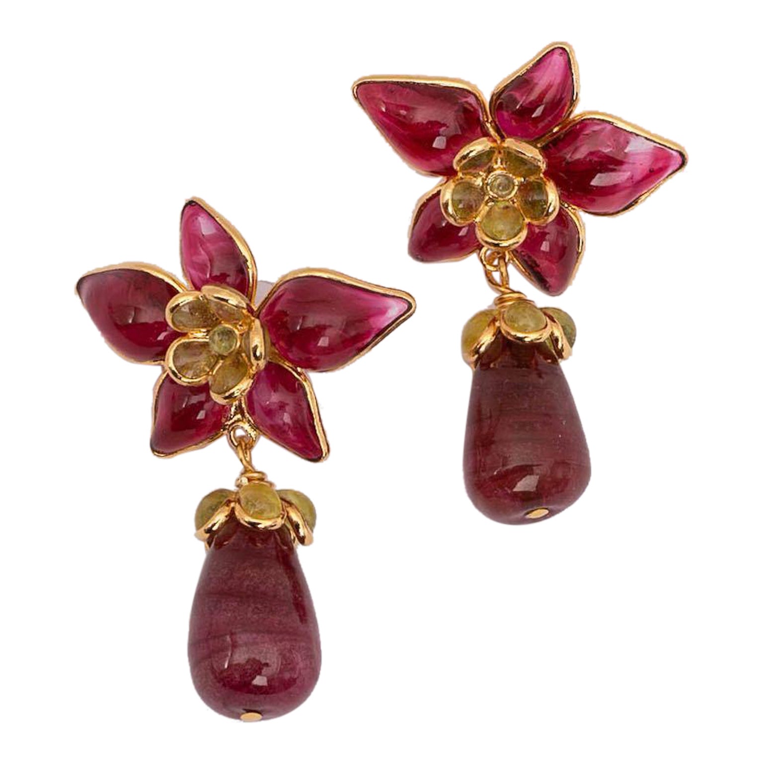 Augustine Golden Metal Pierced Earrings with Glass Paste For Sale