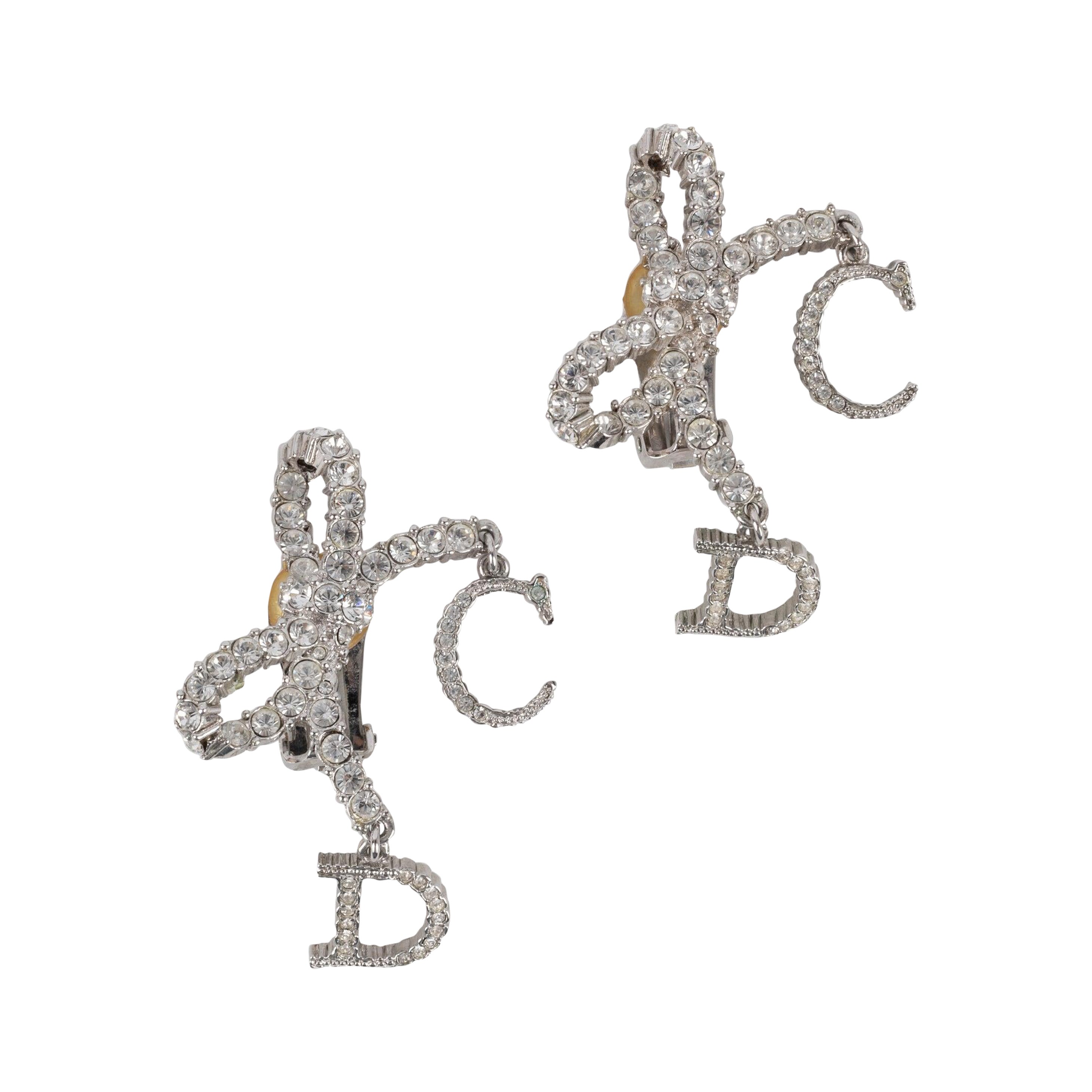 Christian Dior Silvery Metal Earrings with Swarovski Rhinestones For Sale