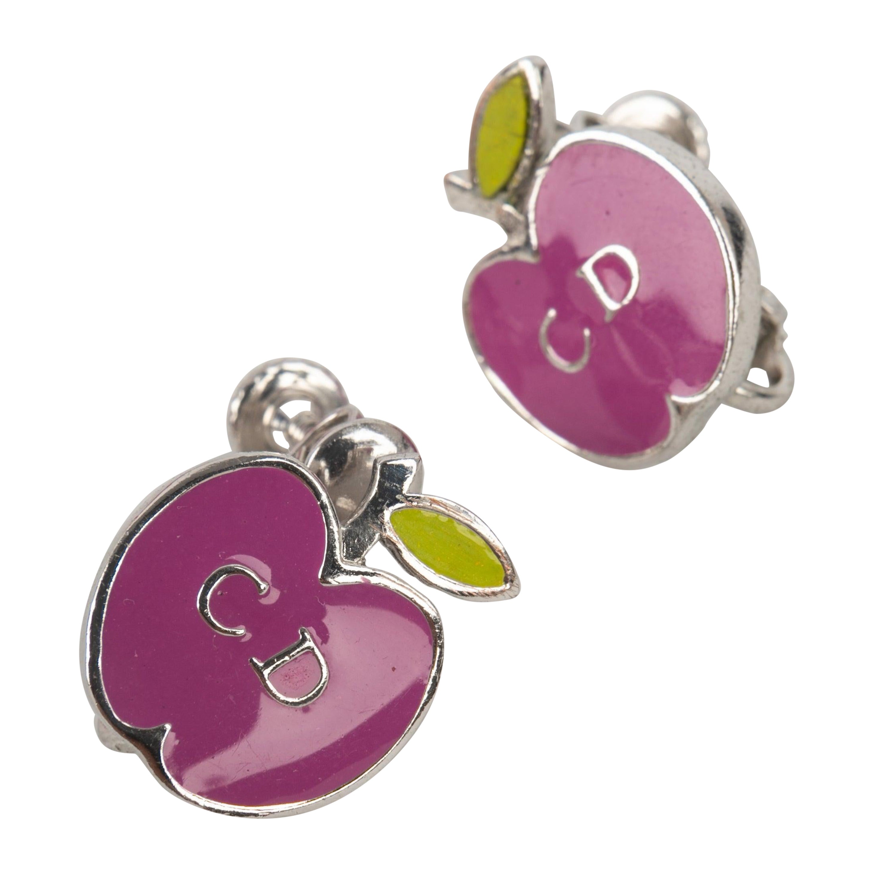 Christian Dior Silvery Metal Earrings with Enamel For Sale