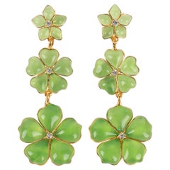 Augustine Golden Metal Earrings with Rhinestones and Light Green Glass Paste