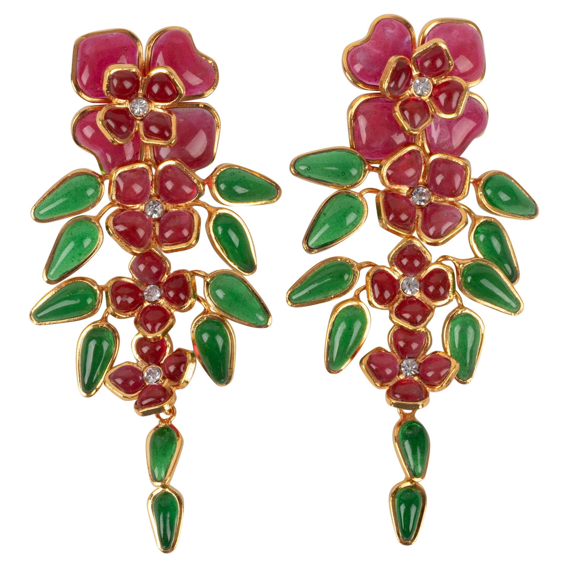Augustine Golden Metal Earrings with Pink Glass Paste For Sale