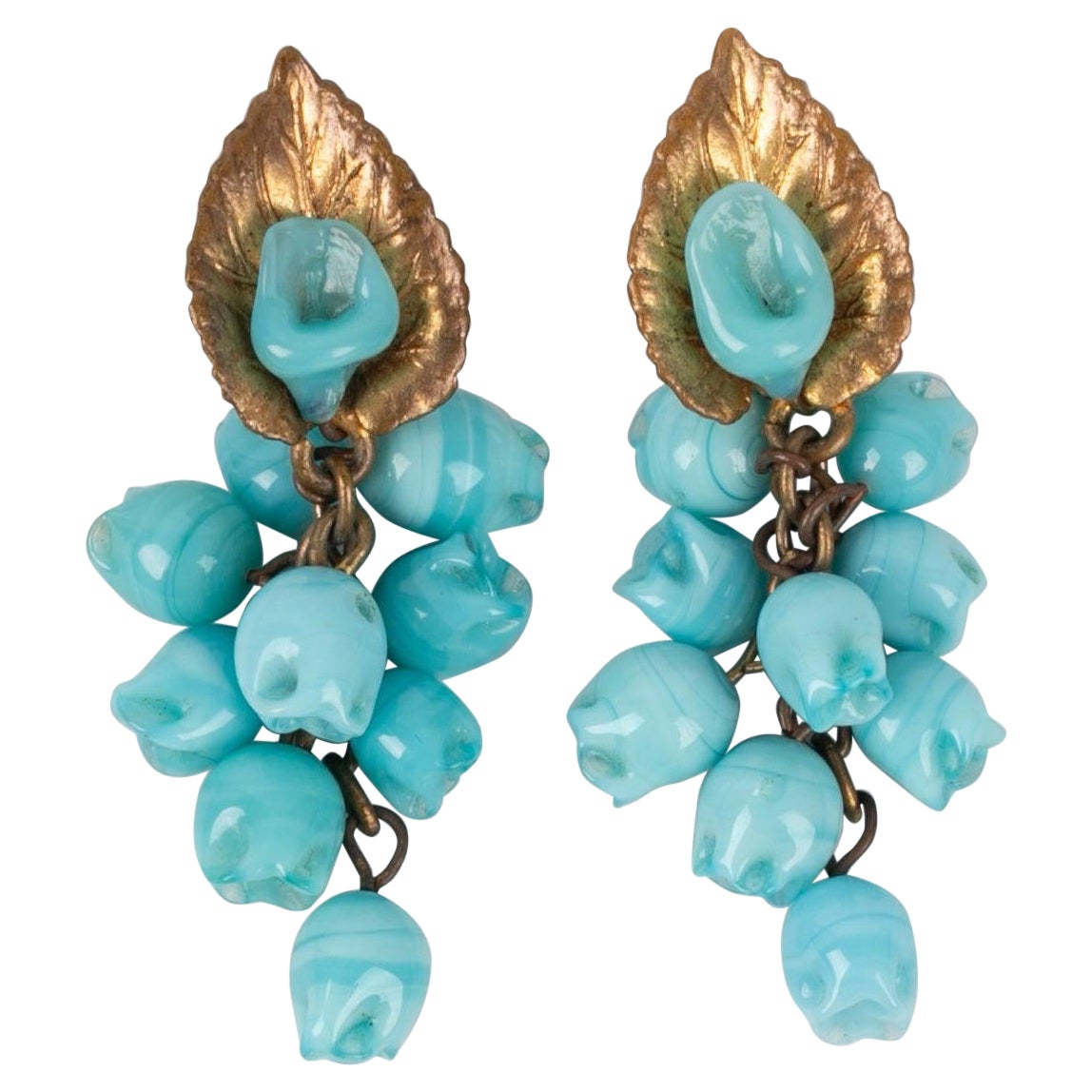 Maison Rousselet Golden Metal Earrings with Blue Glass Paste For Sale