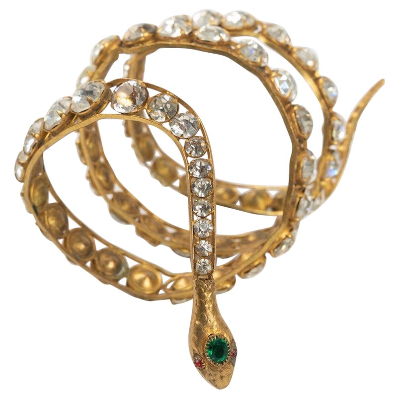 Golden Metal Snake Bracelet Paved with Rhinestones, 1920s For Sale